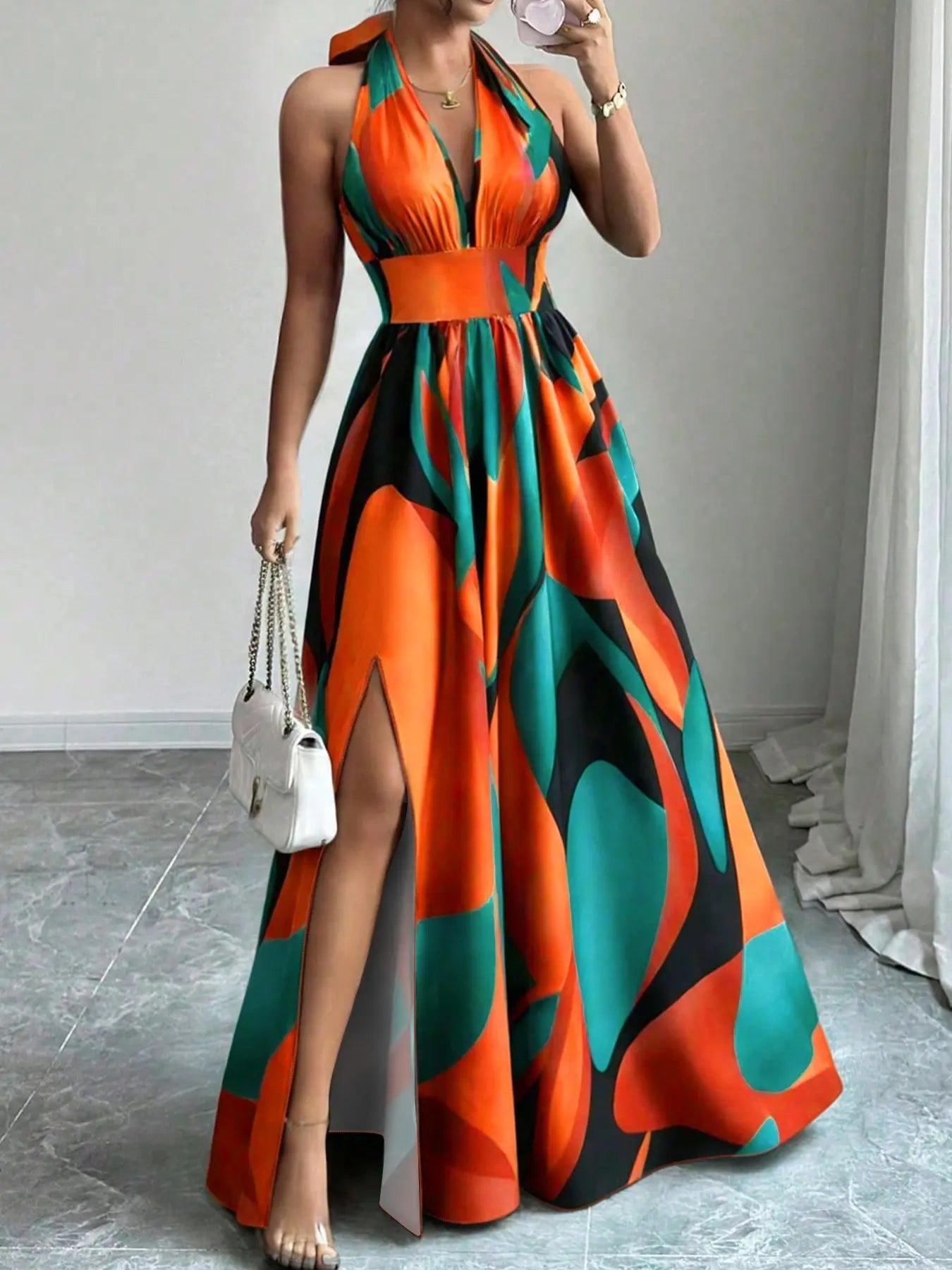All Over Print Halter Long Dress with Deep V Neck and Split Hem