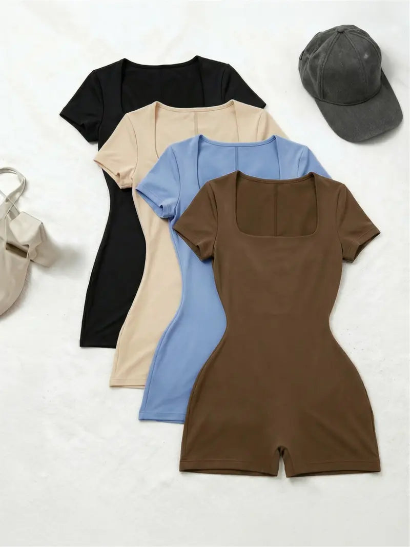 4-piece set Pure Desire Style Square Neck High Waist Waist-fitted One-piece Shorts