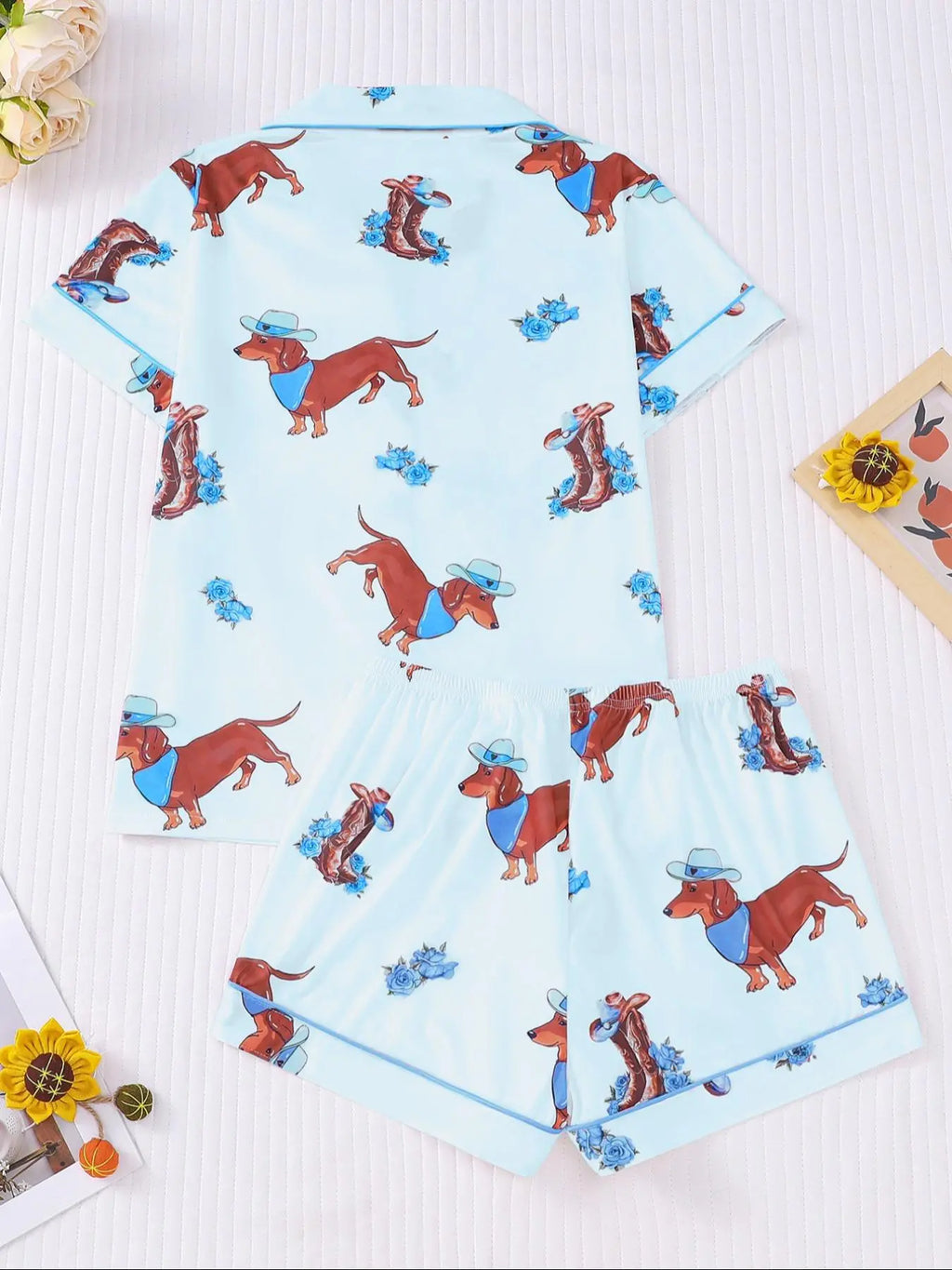 Women's All Over Dachshund Print Shirt & Elastic Waist Shorts Pyjama Two-piece Set