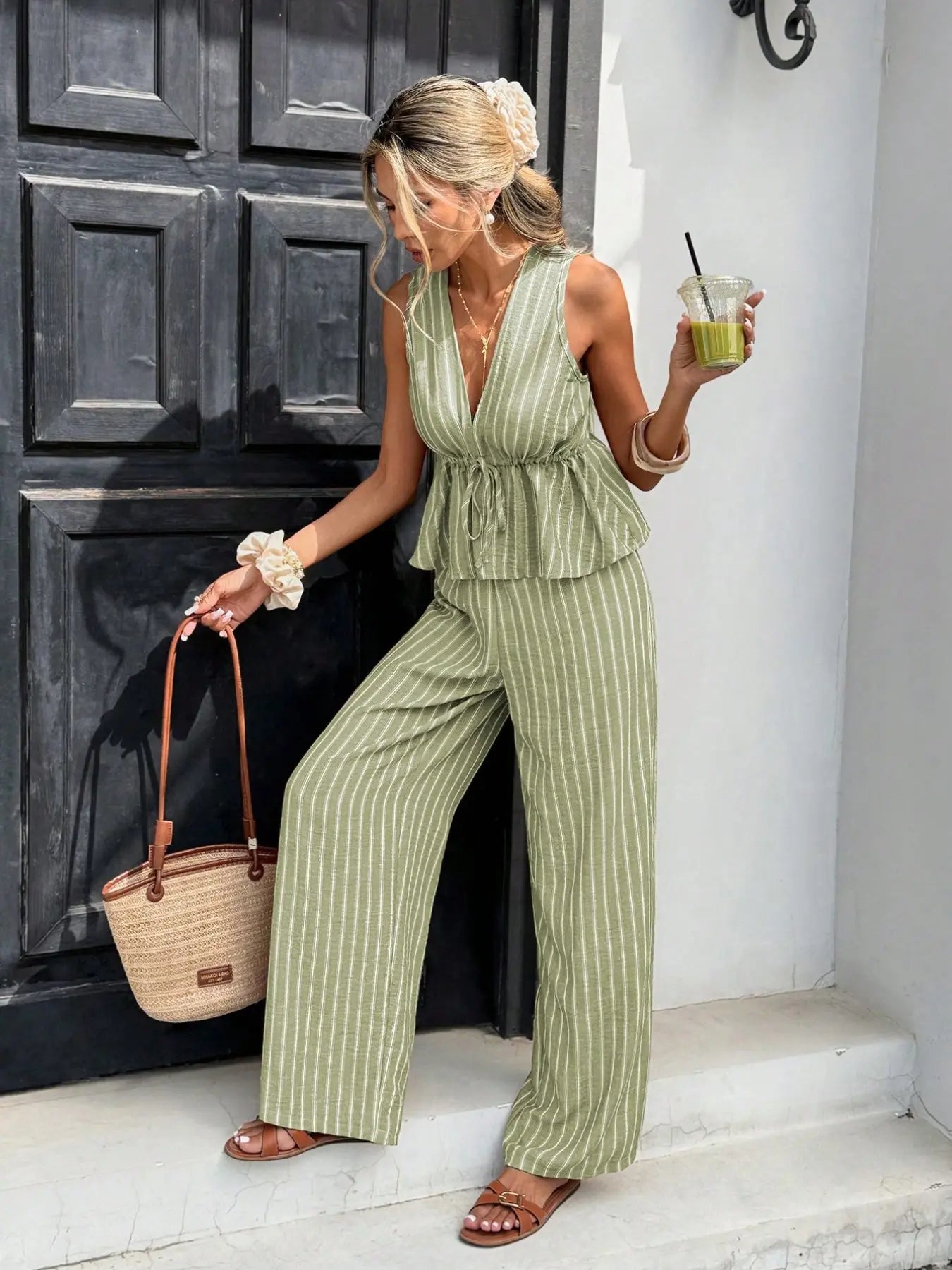 Women's Striped Tie-Waist Sleeveless Shirt Set, Long Pants Casual Two-Piece, Vintage Bohemian Style, Commuter Wear