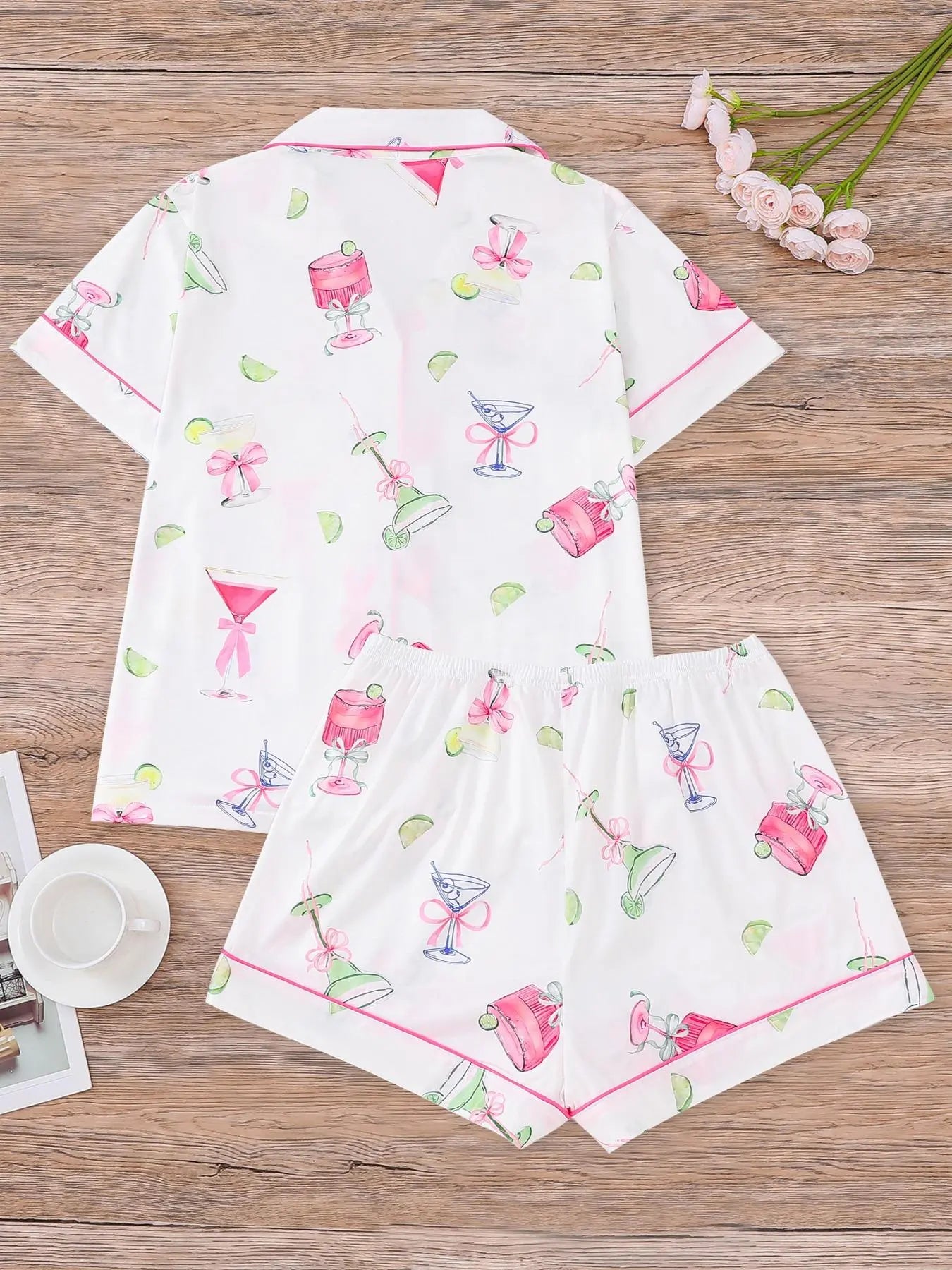 Women's All-Over Cocktail Print Button Front Shirt & Elastic Waist Shorts Pyjama