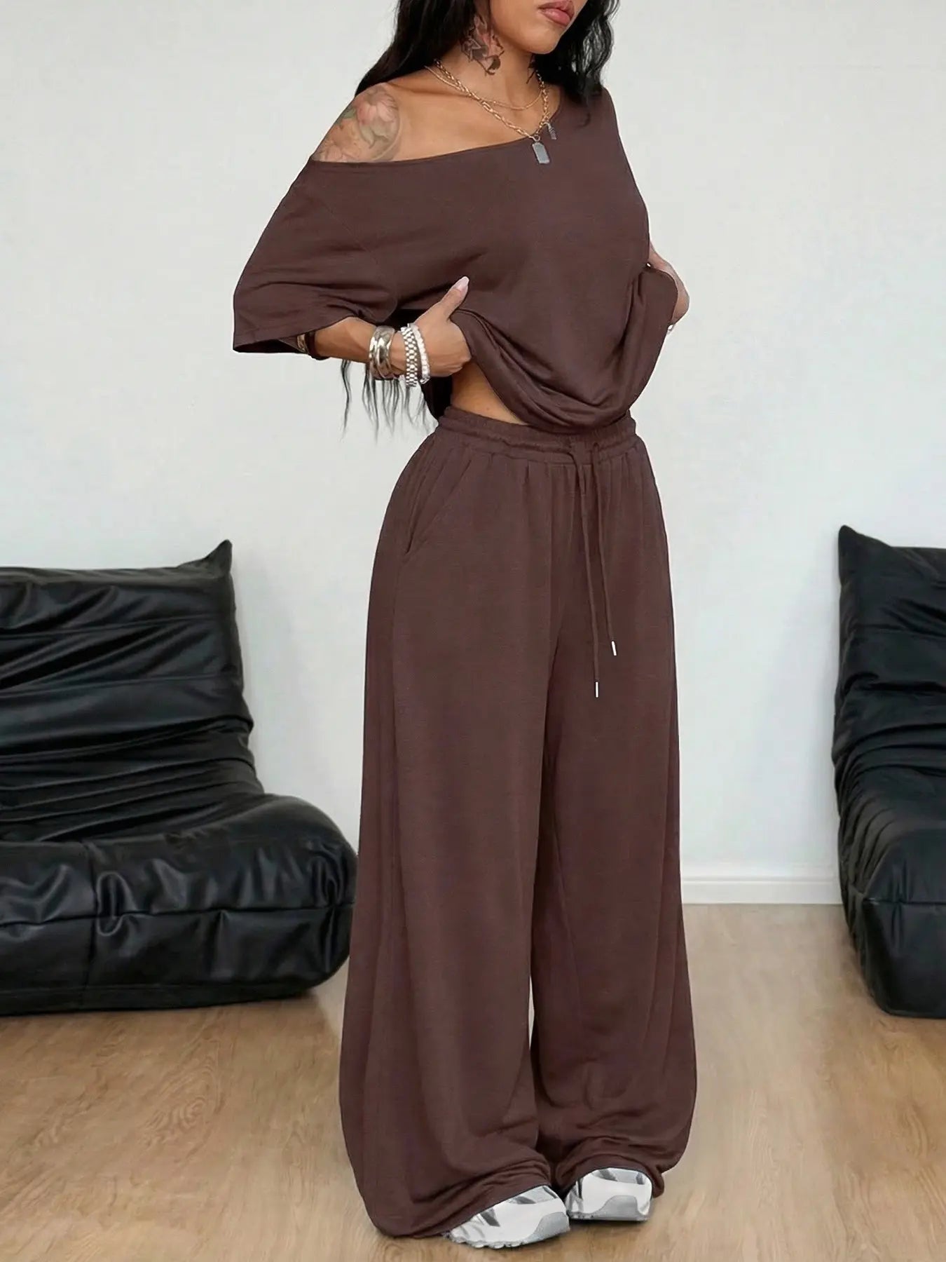 Women's Minimalist Off Shoulder T-Shirt & Wide Leg Pants Set