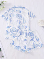 Women's All Over Print Button Front Top & Elastic Waist Shorts Pyjama Two-piece Set