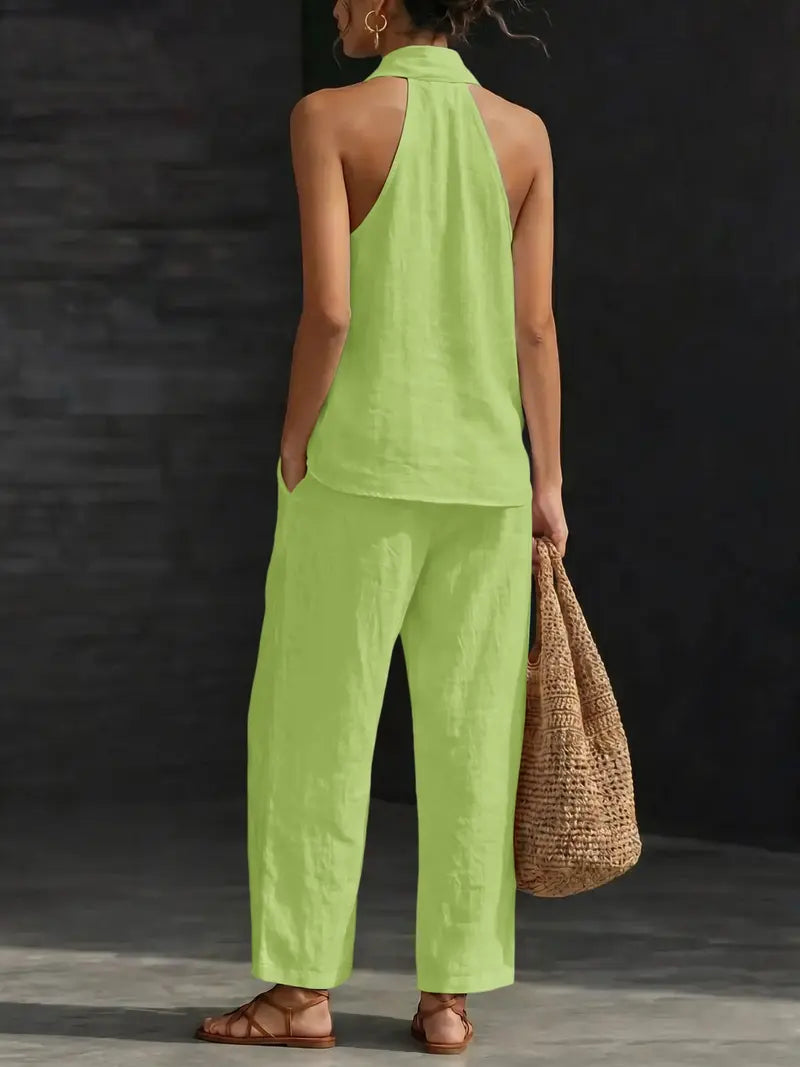 Comfy Chic Women's Summer Faux Linen Halter V-Neck Top & High Waist Wide Leg Pants Set - Breathable Everyday Urban Lounge Wear for Going Out