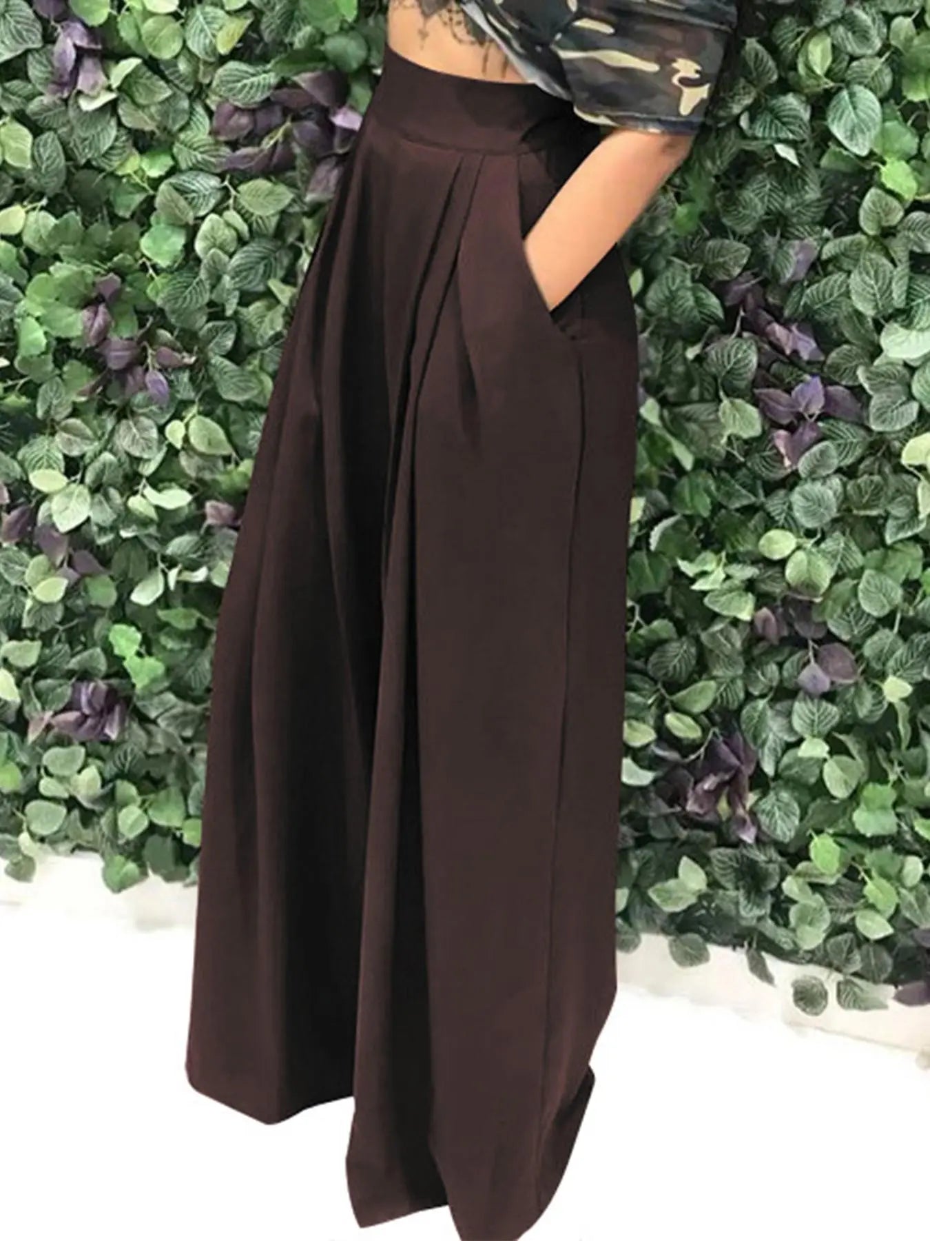 Women's Plain Plicated Pocket Wide Leg Pants
