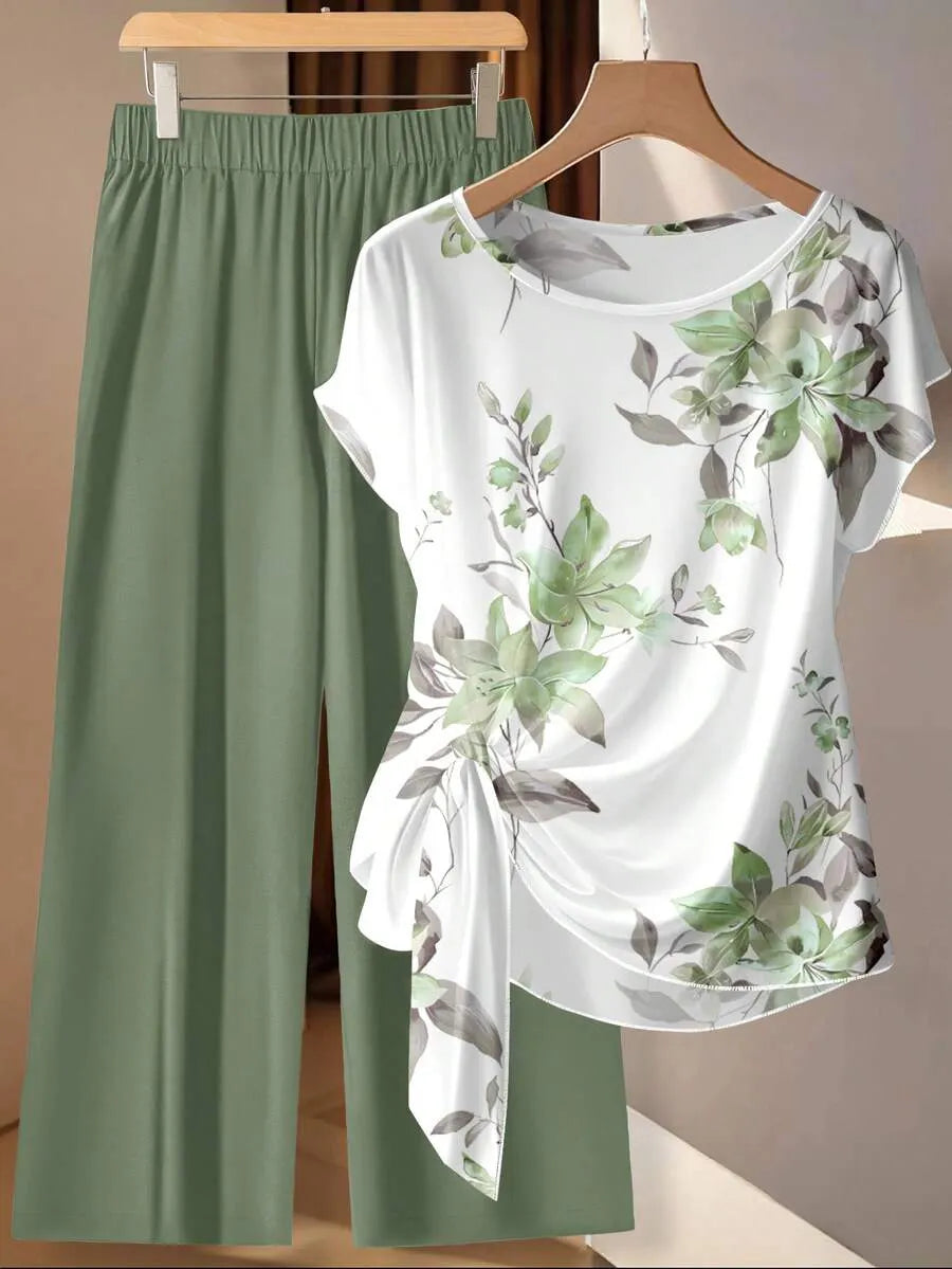 Women's Tie Bow Blouse And Loose Straight Leg Pants 2 Pieces Set,Casual Tropical,Summer Outfits For Women Vacation White Floral Light Yellow