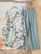 Women Tropical Plant Print Long Sleeve Shirt And Pants Casual 2 Pieces Set Women's Vacation Floral Asymmetrical Hem & Streetwear Linen Clothes