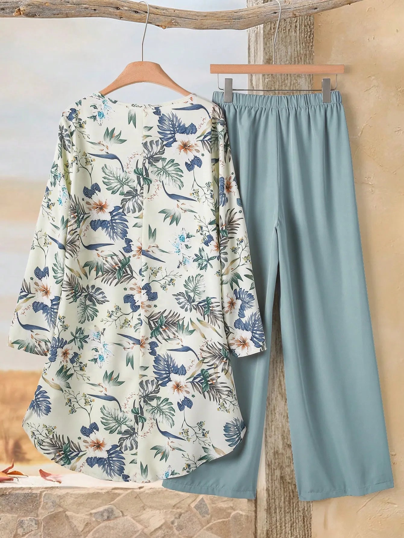Women Tropical Plant Print Long Sleeve Shirt And Pants Casual 2 Pieces Set Women's Vacation Floral Asymmetrical Hem & Streetwear Linen Clothes