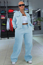 Pockets Crop Jacket Solid Color Straight Leg Pants 2pcs Set-Yellow