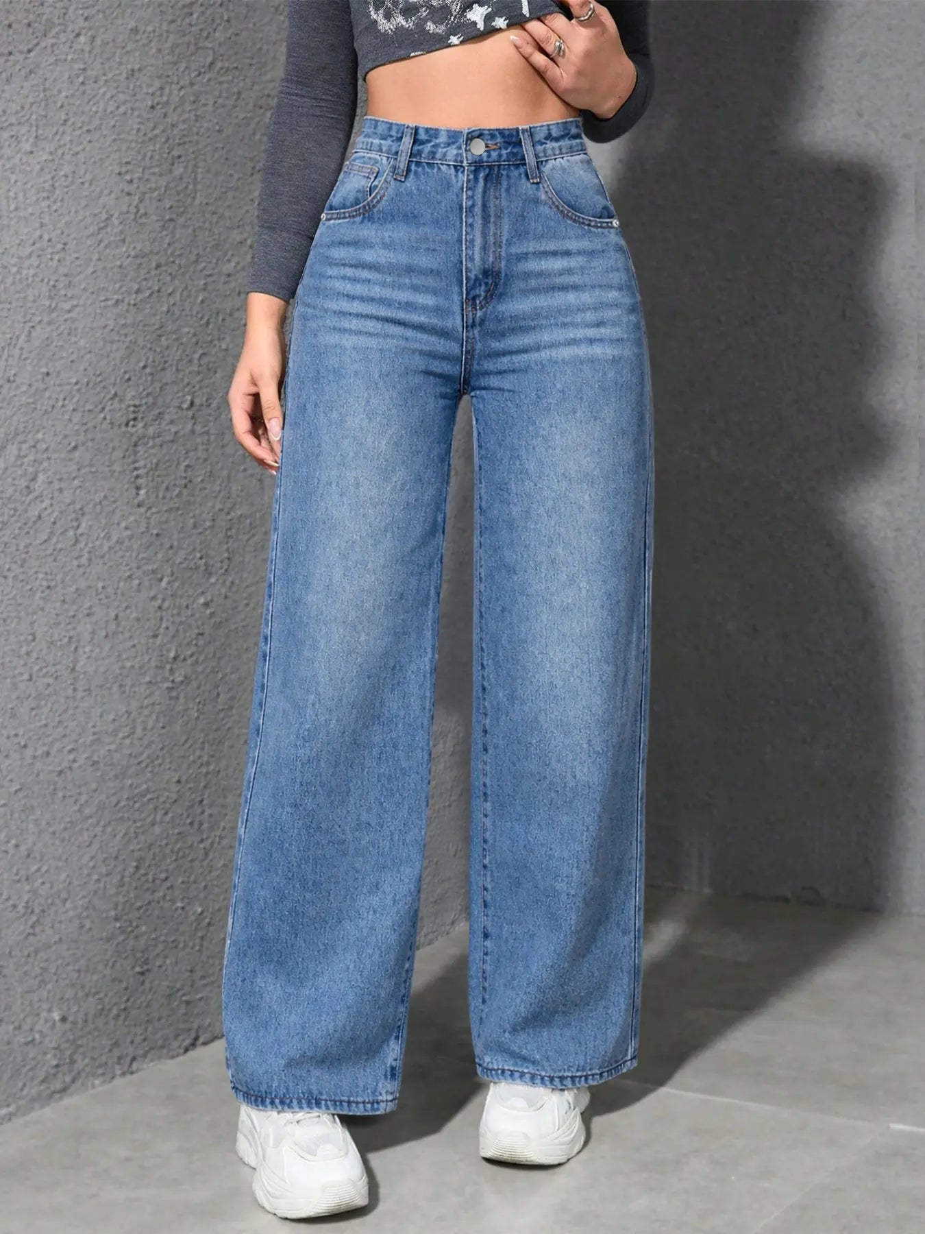 Spring Summer High Waist Elastic Women's Jeans, Washed Blue Casual Wide Leg Pants, Fitted H-Type Denim for Daily Commute and Vacation