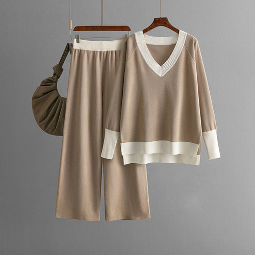 Casual V-Neck Contrast Top & Wide-Leg Pants Two-Piece Set