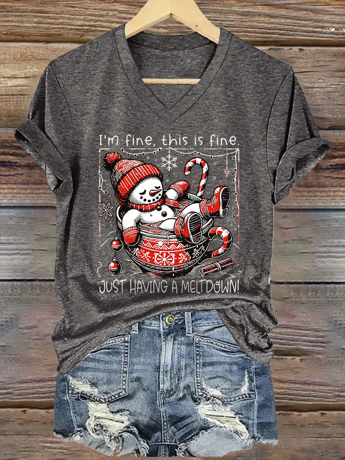 V-Neck Retro Christmas Funny Snowman Hot Cocoa I'm Fine, This Is Fine Just Having A Meltdown Print T-Shirt