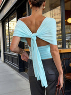 Women's Solid Deep V-Neck Flutter Sleeve Crop Tops Ruched Backless Tie Knot Bodycon Blouse Top