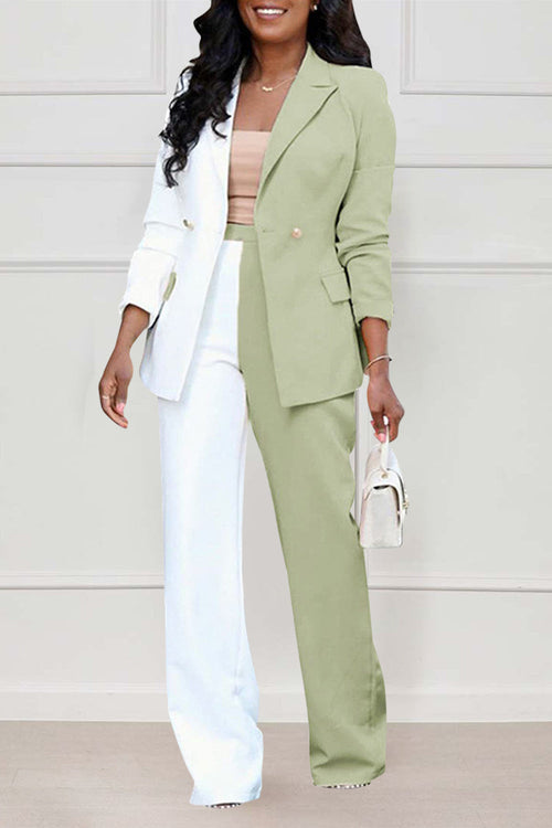 Colorblock Blazer High Waist Straight Leg Pants Matching Set-Yellow