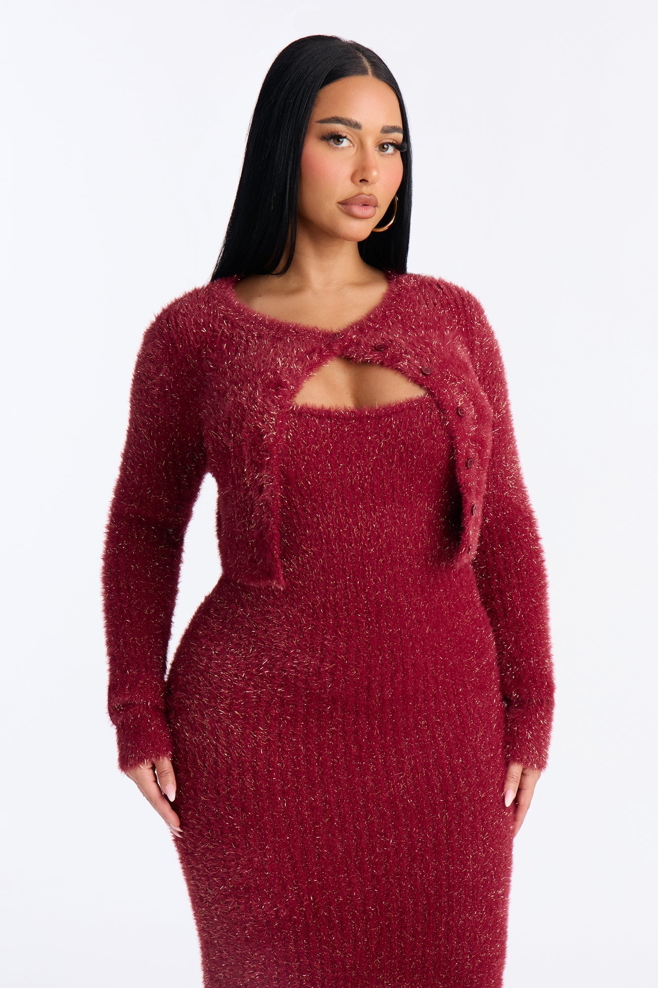 Cozied Up 2 Piece Maxi Dress Set - Burgundy