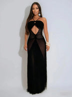 Women’s Crochet Maxi Dress with Fringe Detail, Boho Style Backless Halter Dress for Beach Party Vacation, Summer Resort Wear