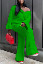Pleated Knit Off Shoulder Long Sleeve Sweater Straight Leg Pants Matching Set-White
