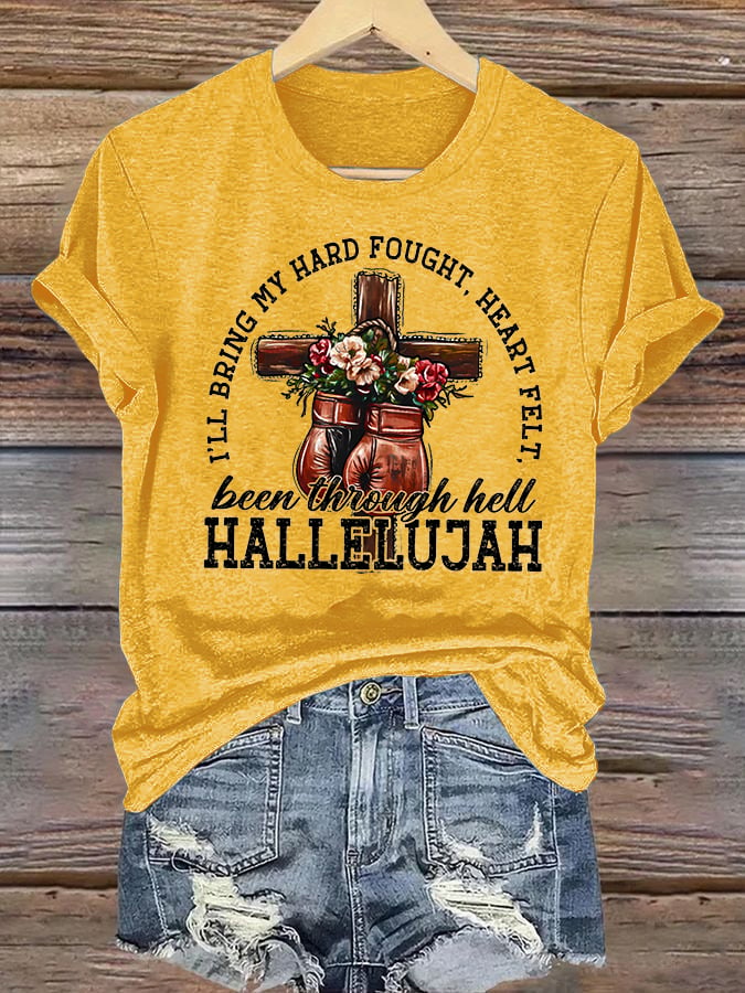 Women's  I'll Bring My Hard Fought Hallelujah Christian Cross Boxing Gloves T-Shirt