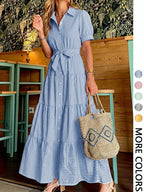 Women's Striped Print Adjustable Belted Button Dress, Elegant Chic Casual Fashion Long Dress for Summer, Breathable Lightweight Dress, Women's Clothing for Daily Wear, Fit, Womenswear, Maxi