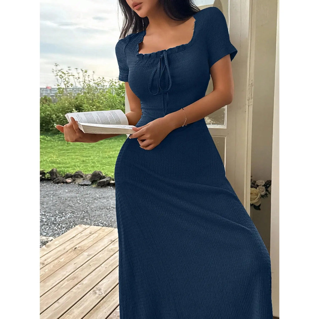 Women's Casual Solid Color Jacquard Gathered Ruffle Trim Square Neck Maxi Loungewear Dress Brown Dress Lounge Dress Summer Dress Tie Front Dress Midi Dress