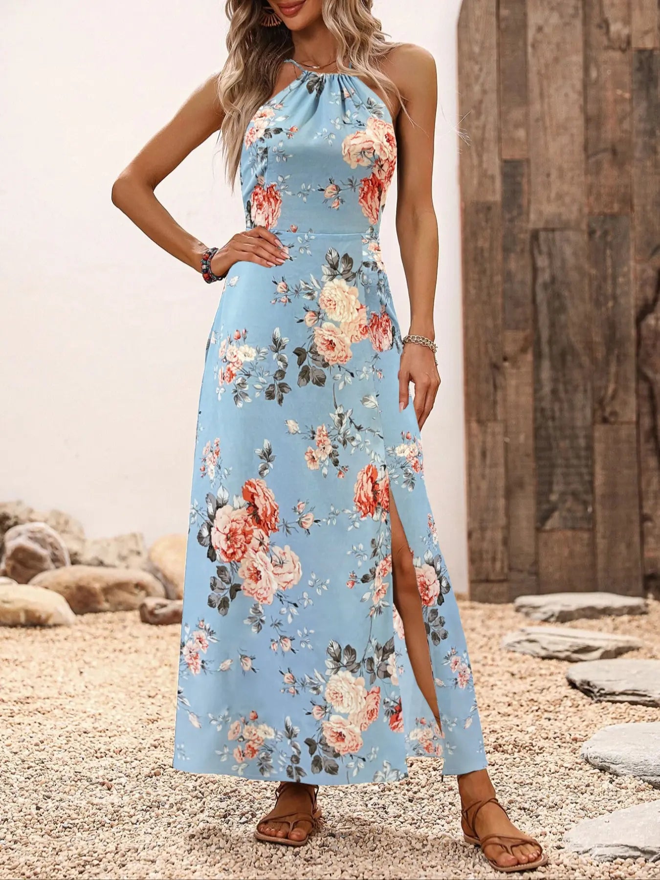 Women's Floral Print Split Thigh Halter Dress, Elegant Chic Boho Style Tie Back Design Long Dress for Spring Summer Fall, Bohemian