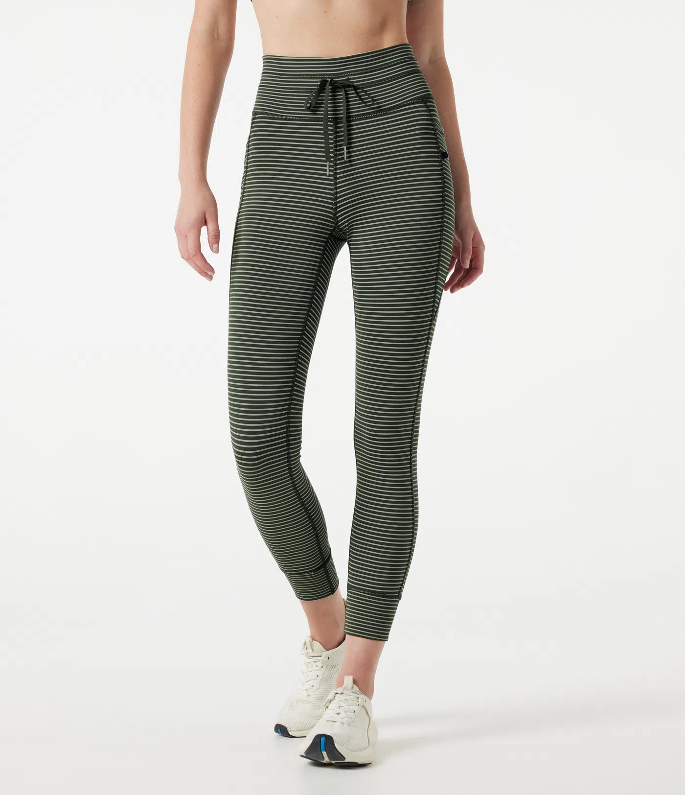 High Waisted Drawstring Striped Yoga Leggings with Pockets