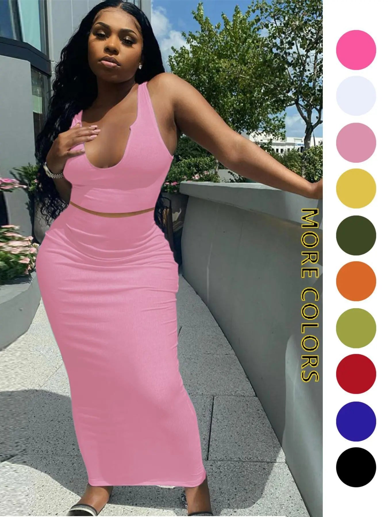 Two-piece Set Women's Solid Notched Neck Crop Tank Top & High Waist Bodycon Skirt Set, Casual Slim Sleeveless Top & Long Skirt, Ladies Summer Clothes for Daily Wear, Outfit Sets Women, Summer Outfits Set