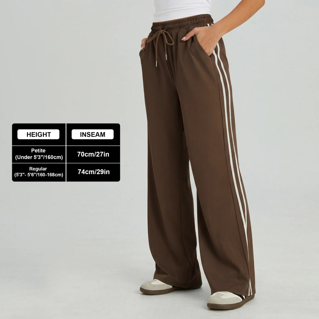 Women's Casual High Waist Striped Wide Leg Trousers, Sporty Drawstring Waist Side Pocket Outfit, Minimalist Versatile Women's Bottom