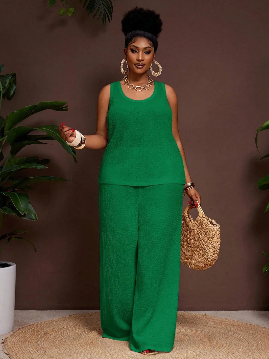 Women's Plus Size Matching Two-Piece Set: Sleeveless Tank Top and Wide Leg Pants, Loose Fit, Summer Vacation, Comfortable and Stylish