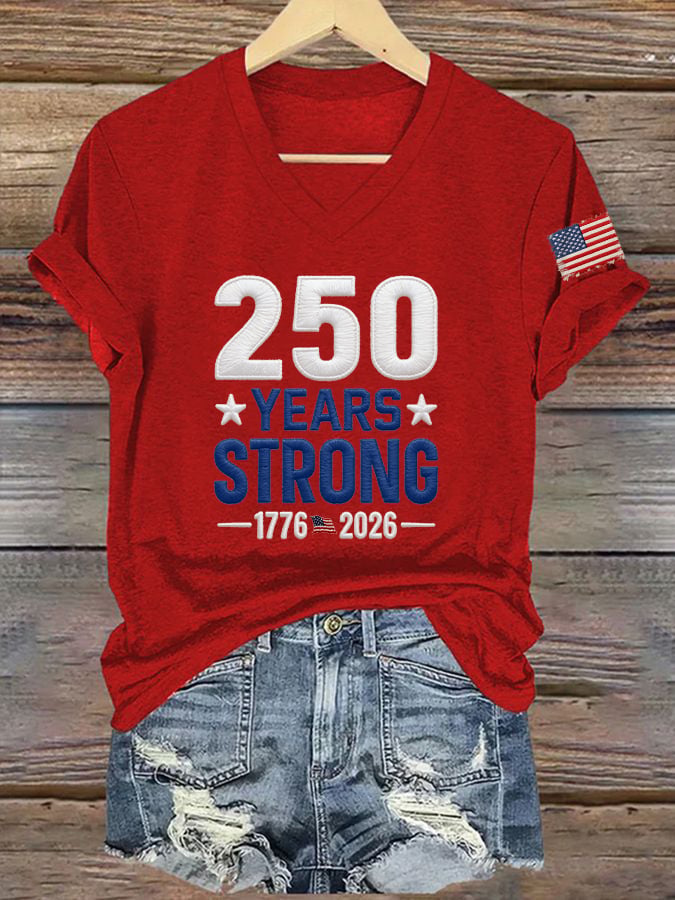 V-Neck Retro 250 Years Strong Print T-Shirt
