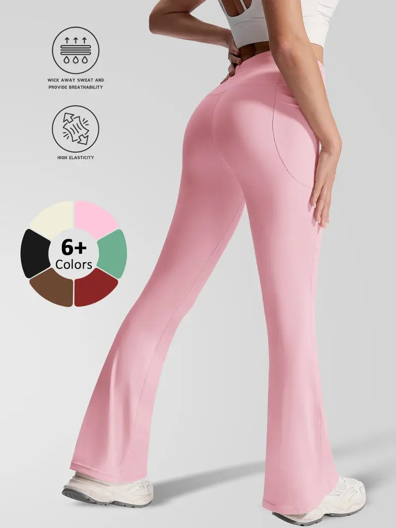 New Sporty Flared Trousers, High Waist Slim-Fit, Breathable Quick-Dry, Side Pockets, Yoga Running Gym Wear, All Seasons, Flared Yoga Bottoms