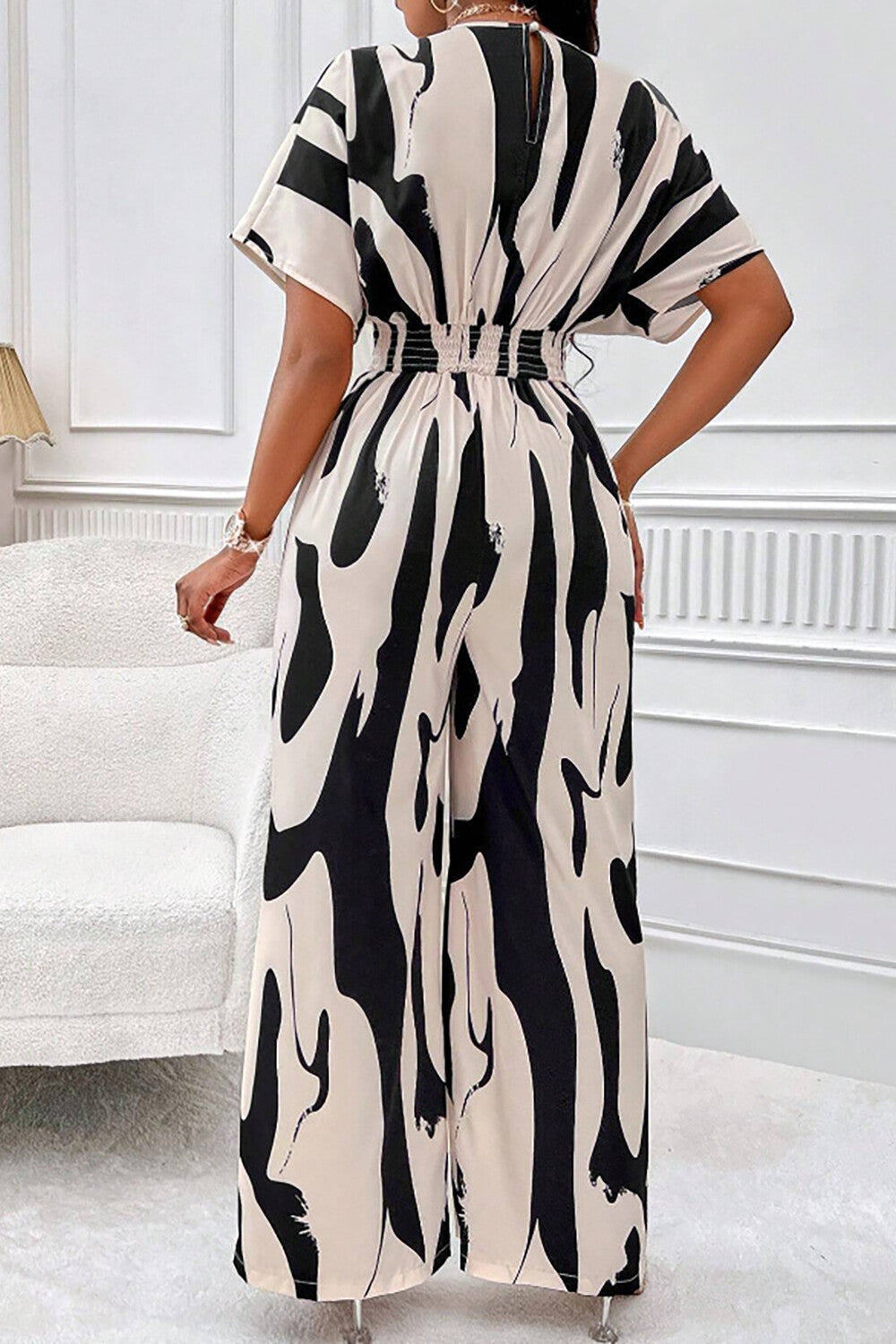 Abstract Print V Neck Short Sleeve High Waist Wide Leg Jumpsuit-Black