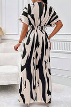 Abstract Print V Neck Short Sleeve High Waist Wide Leg Jumpsuit-Black