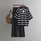 Stylish Striped Top & Solid Color Wide Leg Pants Two-Piece Set