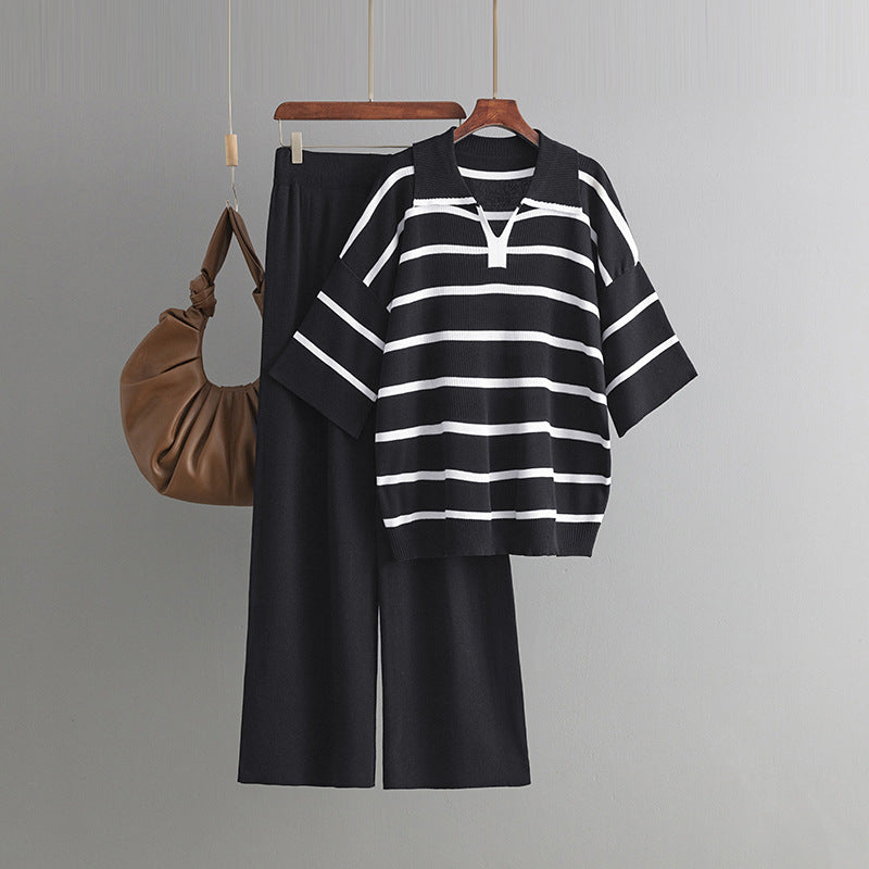 Stylish Striped Top & Solid Color Wide Leg Pants Two-Piece Set