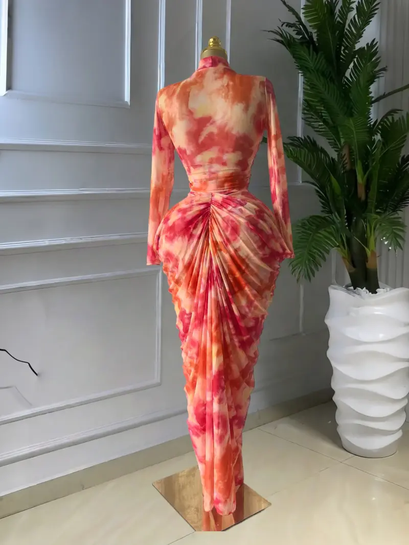 Elegant Women's Tie Dye Printed Two Piece Set Outfits, Wrap Crop Top + Ruched Maxi Skirt , Casual Beach Resort Birthday, Vacation Street Lady Two-Piece Set,Female Fashion 2 Piece Co-ord Set