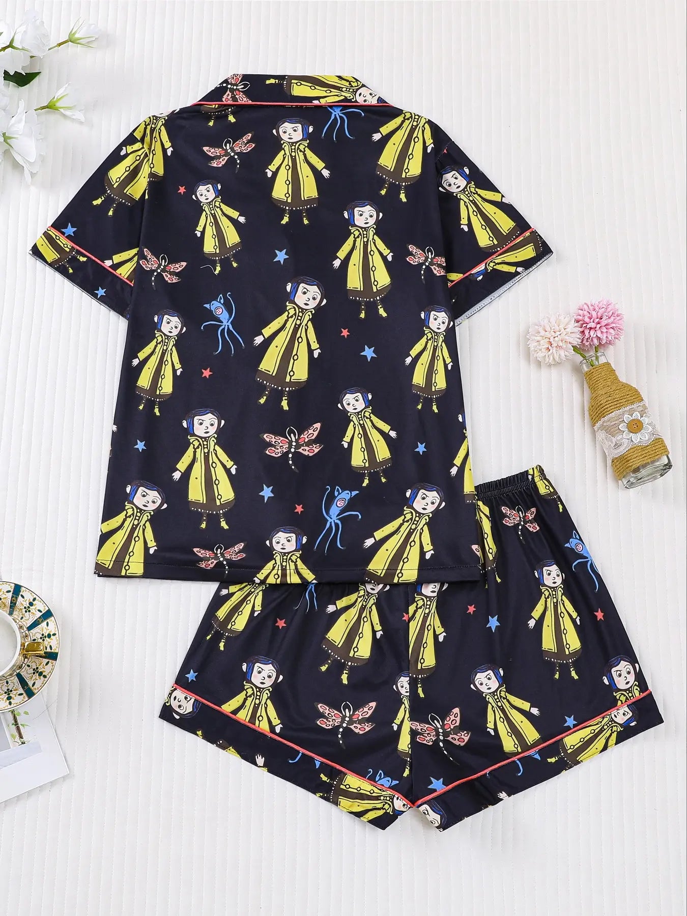 Women's Monkey Print Pajama Set, Short Sleeve Button Front Top & Elastic Shorts