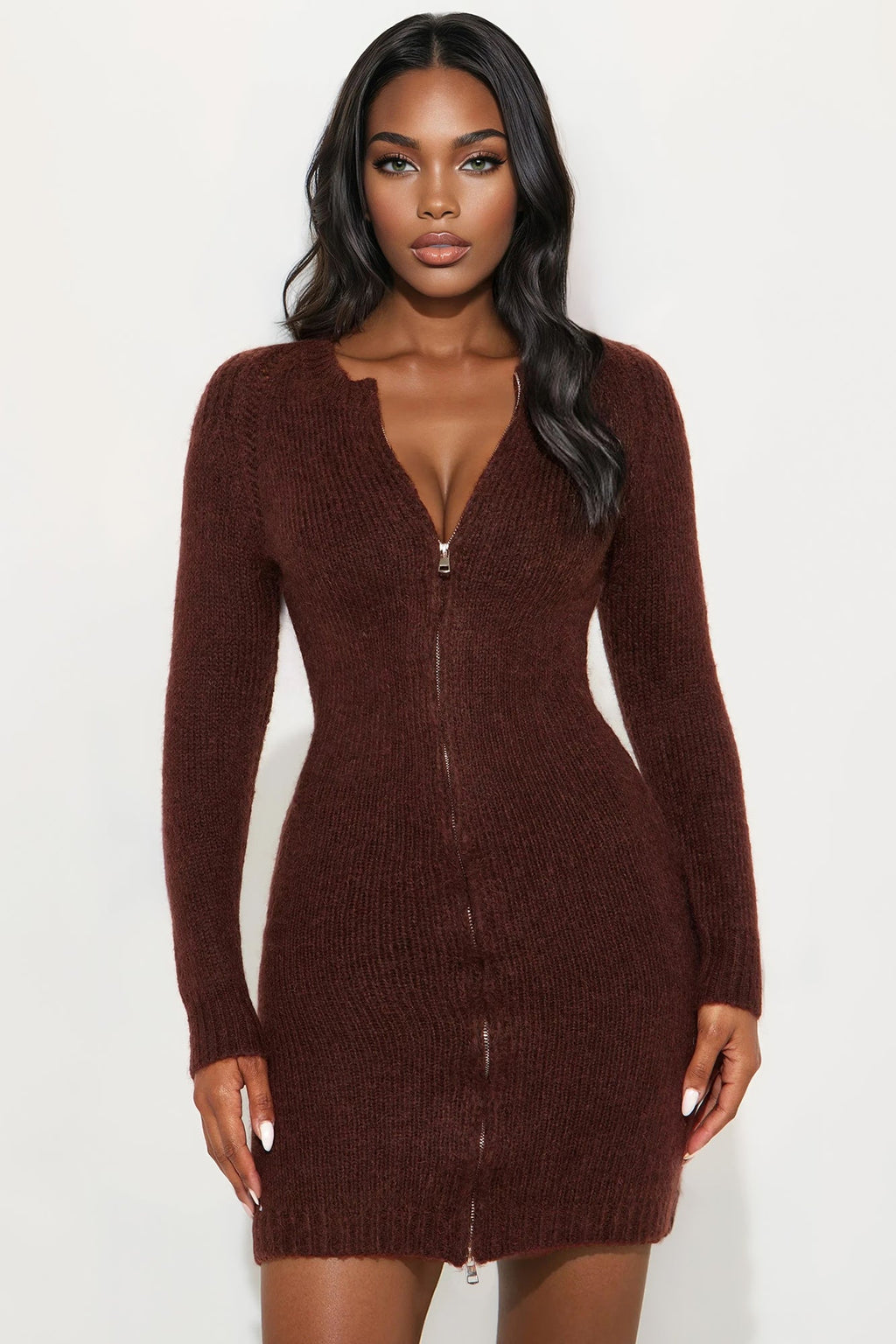 Zakia Zip Front Sweater Mini Dress - Brown
