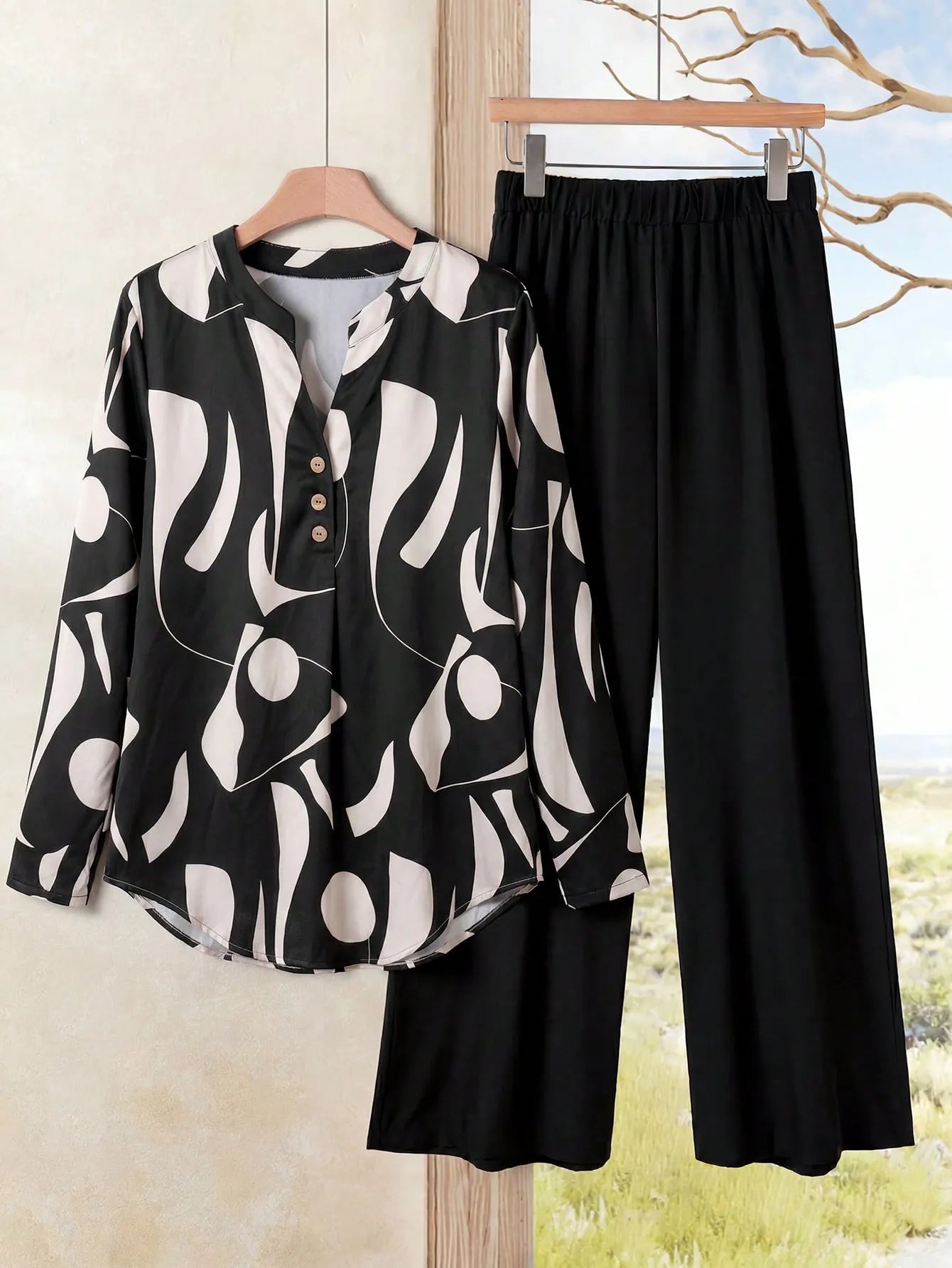2pcs Women Contrast Color Print Shirt And Pants Set Old Money Style Business Casual Woman Blouse Sets For Ladies Two Piece