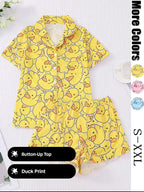 Women's Duck Print Shirt & Elastic Waist Shorts Pajama Two-piece Set