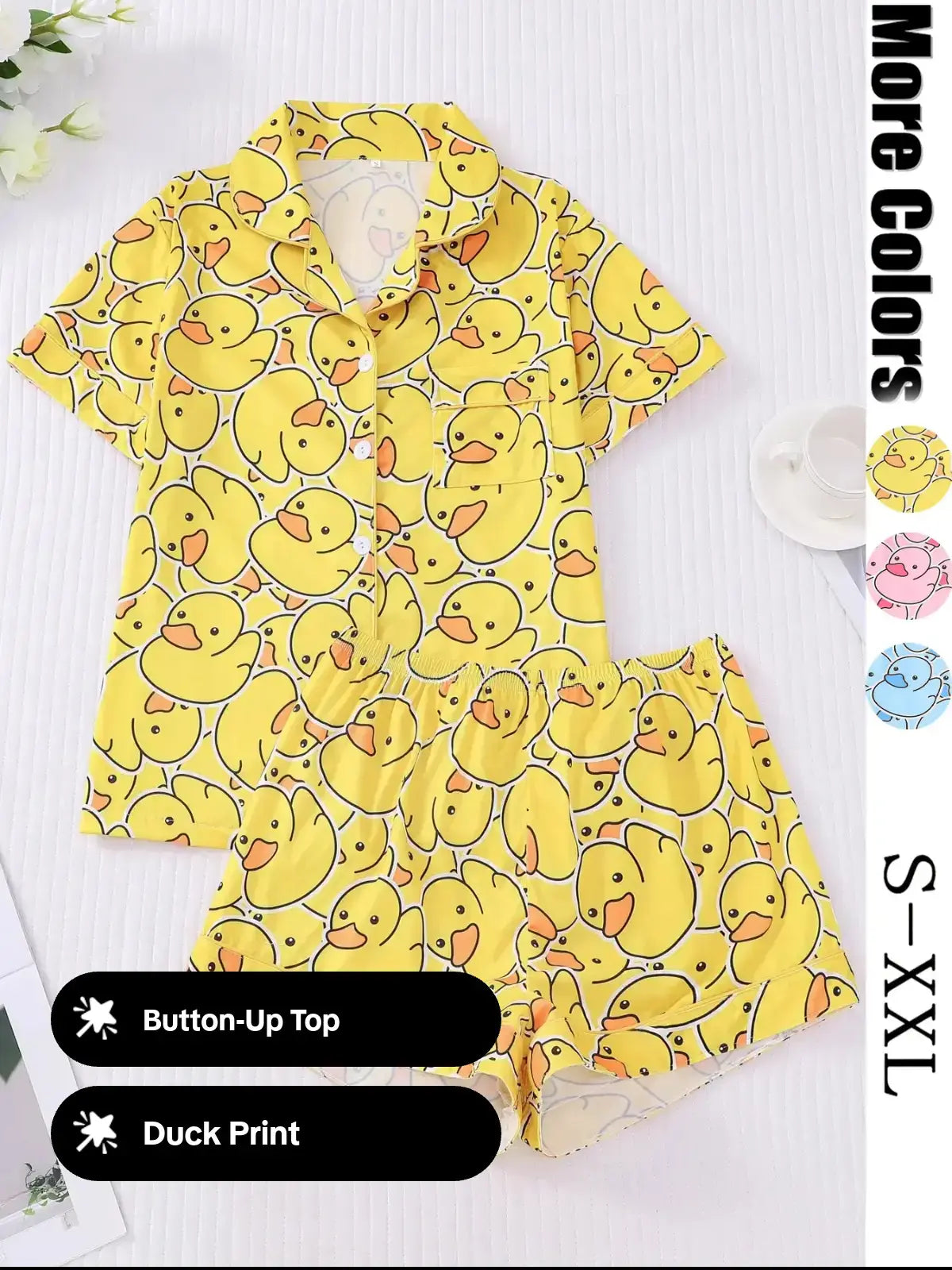 Women's Duck Print Shirt & Elastic Waist Shorts Pajama Two-piece Set