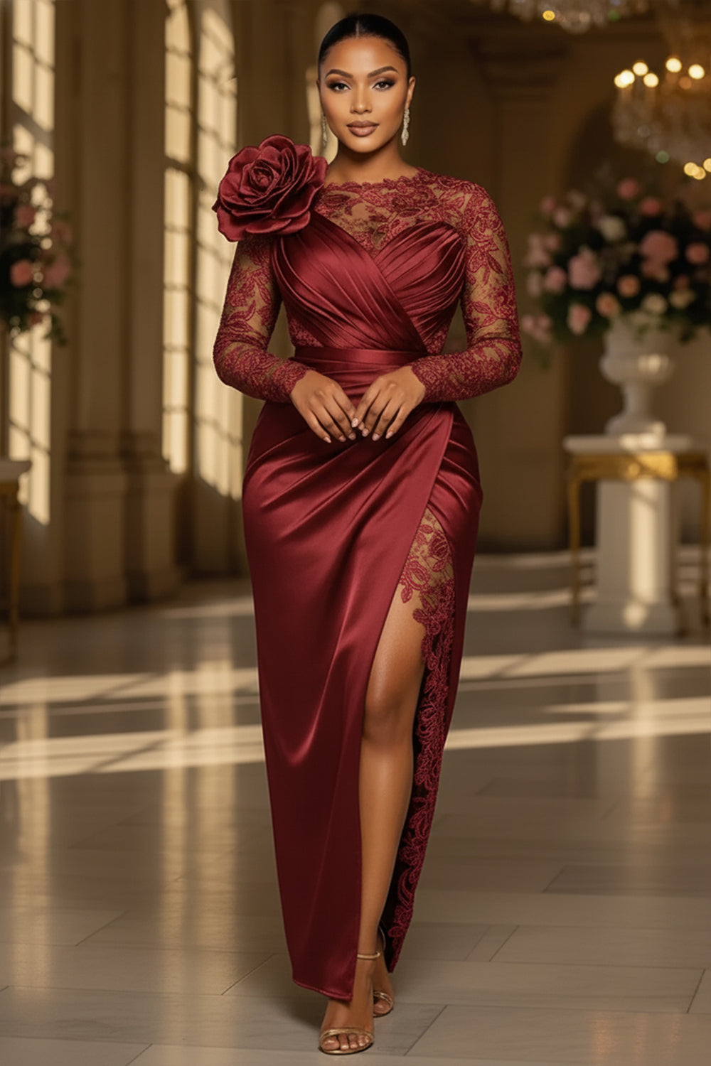 Rosette Lace Patchwork Pleated Slit Party Maxi Dresses-Green