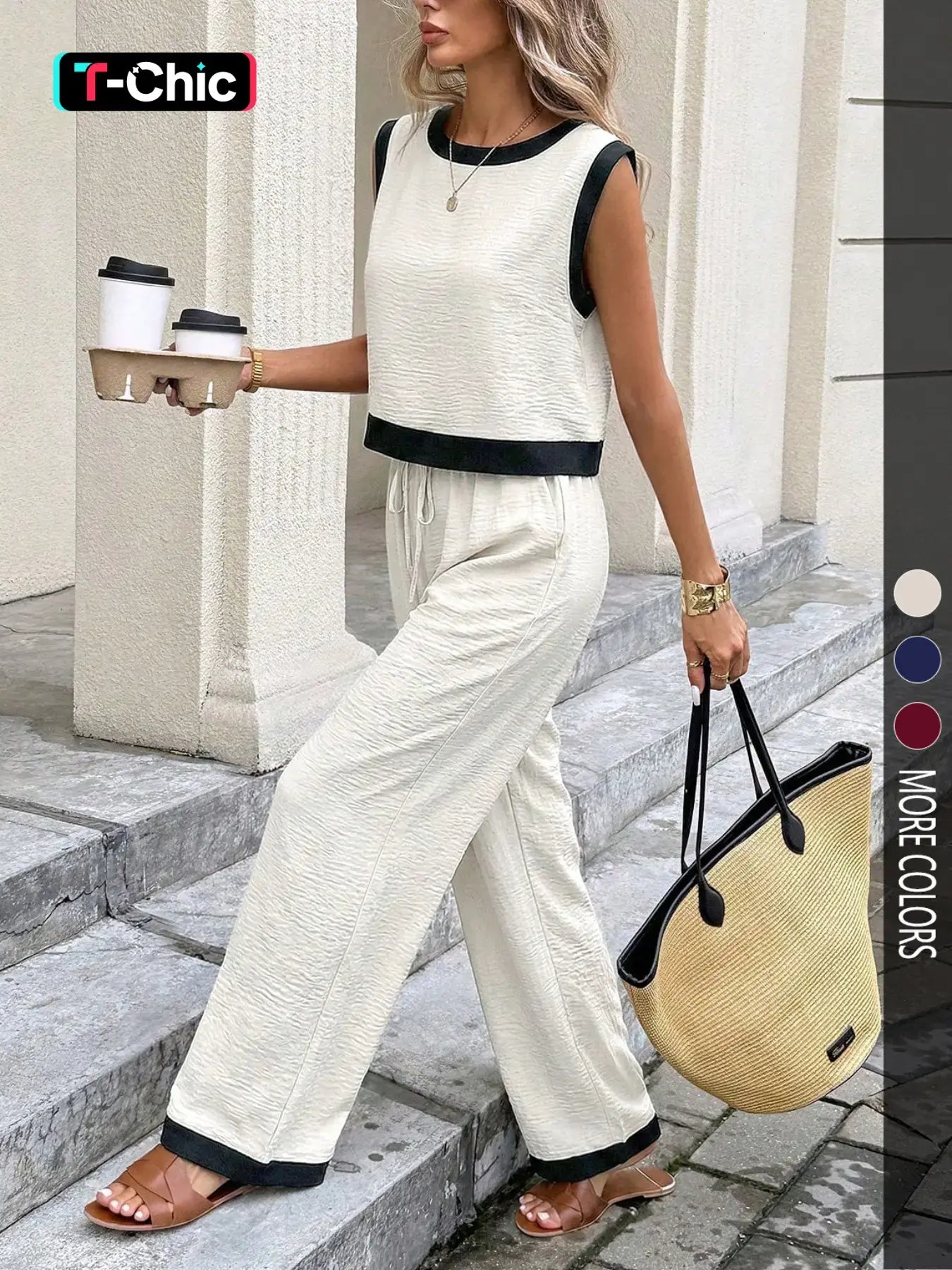 Women's Simple Colorblock Sleeveless Round Neck Top and High Waist Wide Leg Pants Set, Slimming Casual Comfortable for Daily Commute