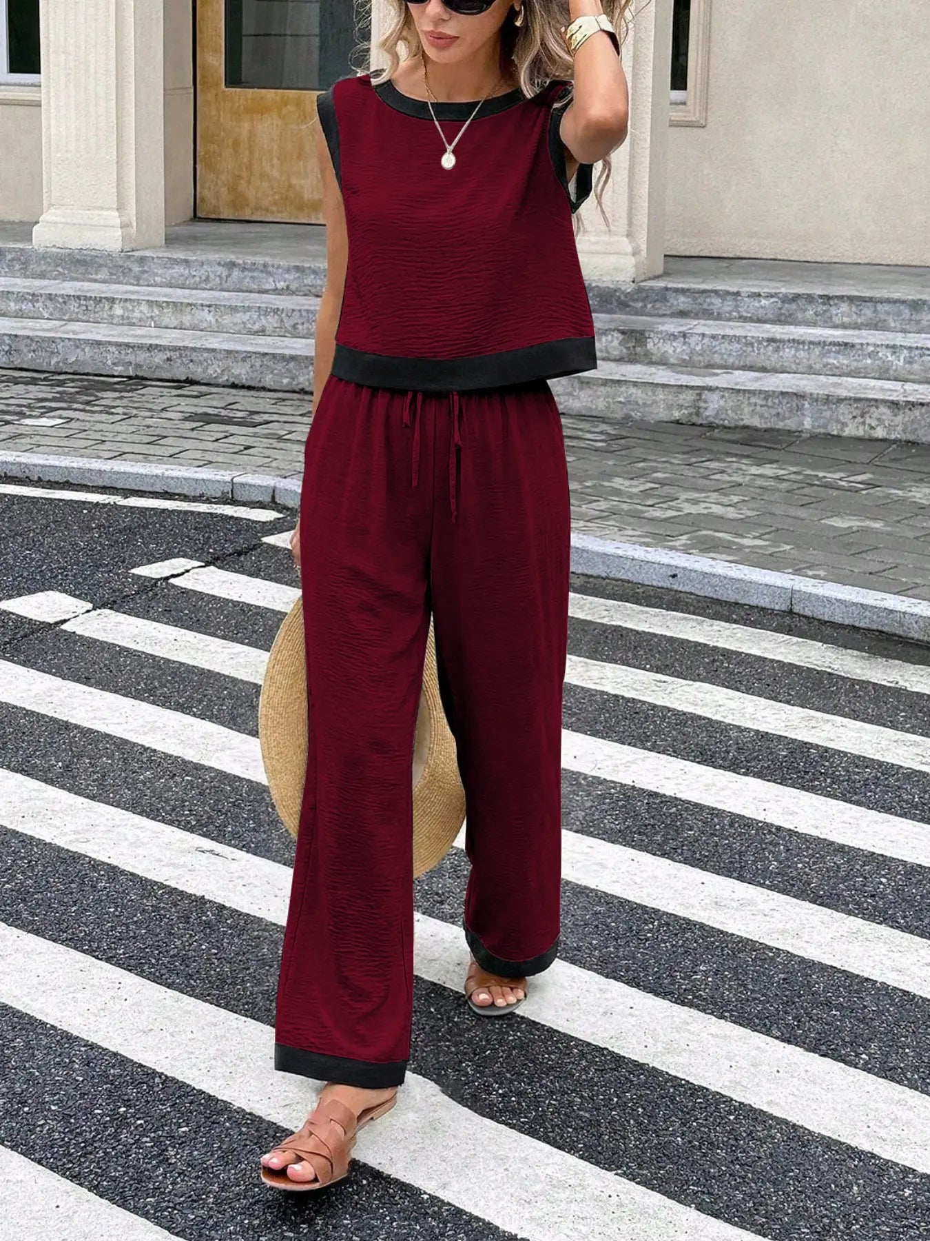 Women's Simple Colorblock Sleeveless Round Neck Top and High Waist Wide Leg Pants Set, Slimming Casual Comfortable for Daily Commute