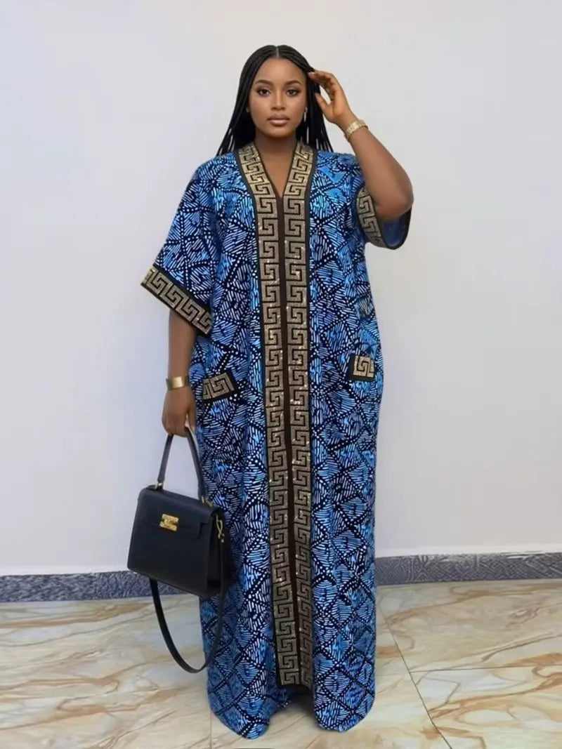 Plus Size African-Style Kaftan Dress for Women, Geometric Print Ethnic Loose V-Neck Boubou with Pockets for Casual Boho Chic Party Wear, Comfortable and Stylish