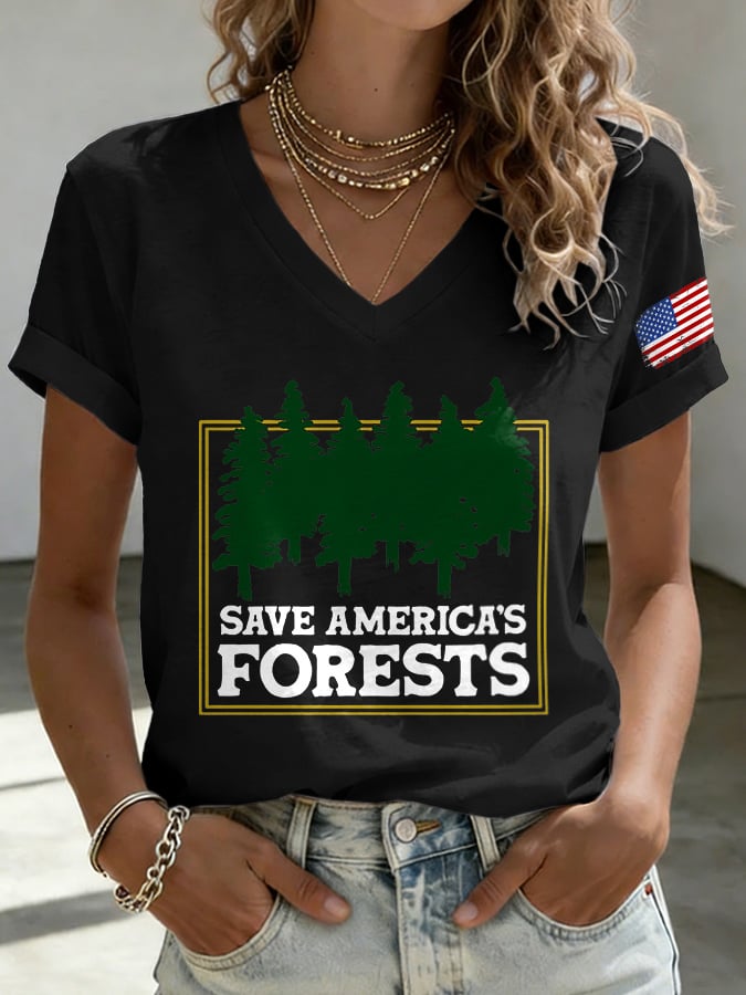 V-Neck Retro Save America's Forests Print T-Shirt