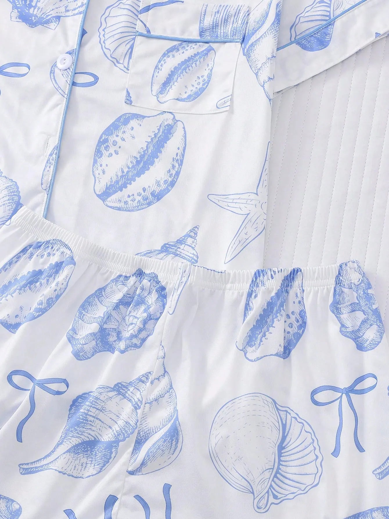 2pcs Women Pajama Set, Seashell Print, Ladies Homewear, Spring/Summer Holiday Outfit, Short Sleeve Lapel Top And Shorts Can Be Worn Outerwear