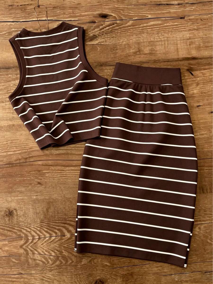 UREREM Women's Striped Contrast Color Casual Elegant Party Ribbed Slit Beach Vest And Skirt 2-Piece Set Summer