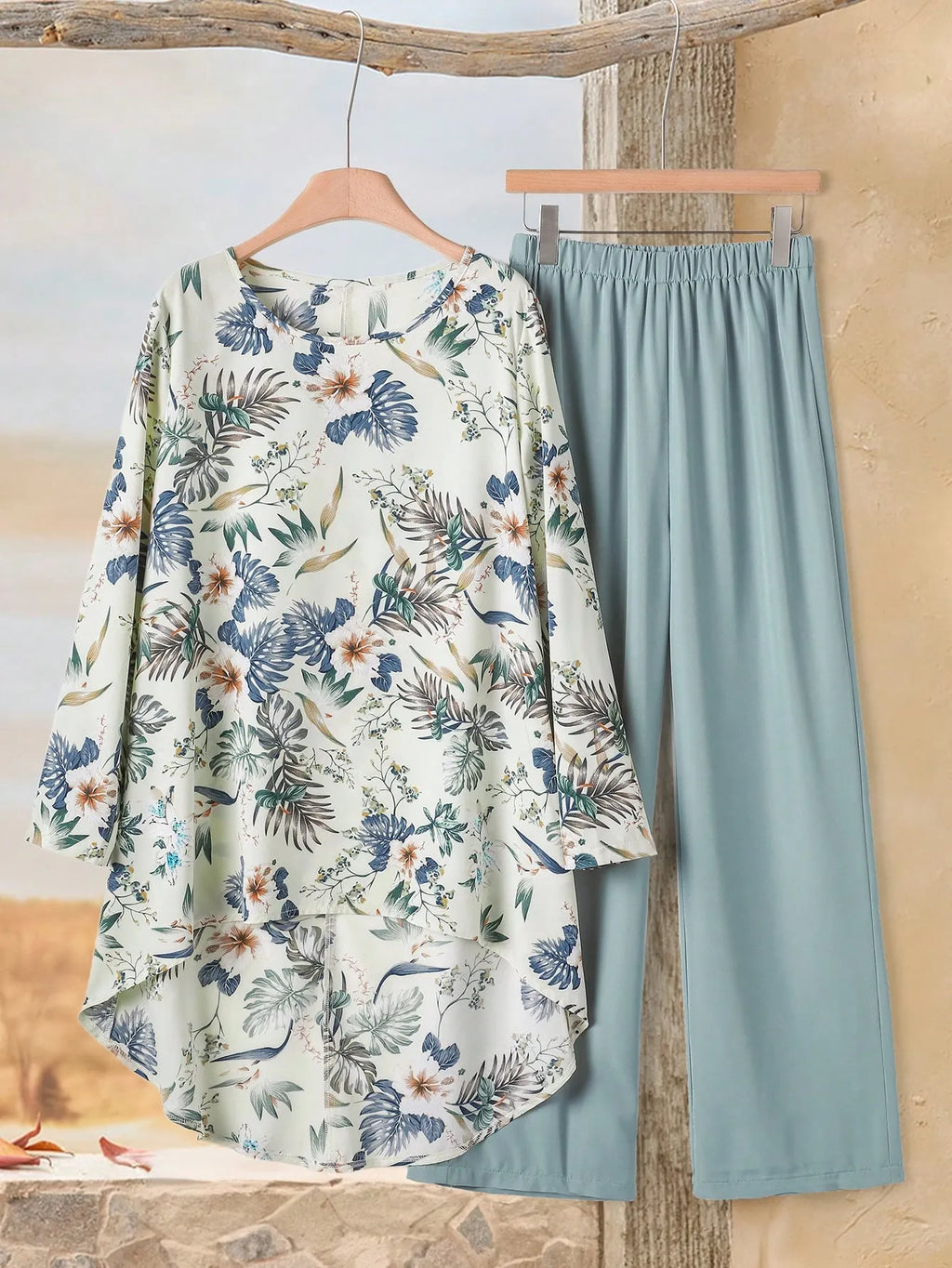 Women Tropical Plant Print Long Sleeve Shirt And Pants Casual 2 Pieces Set Women's Vacation Floral Asymmetrical Hem & Streetwear Linen Clothes