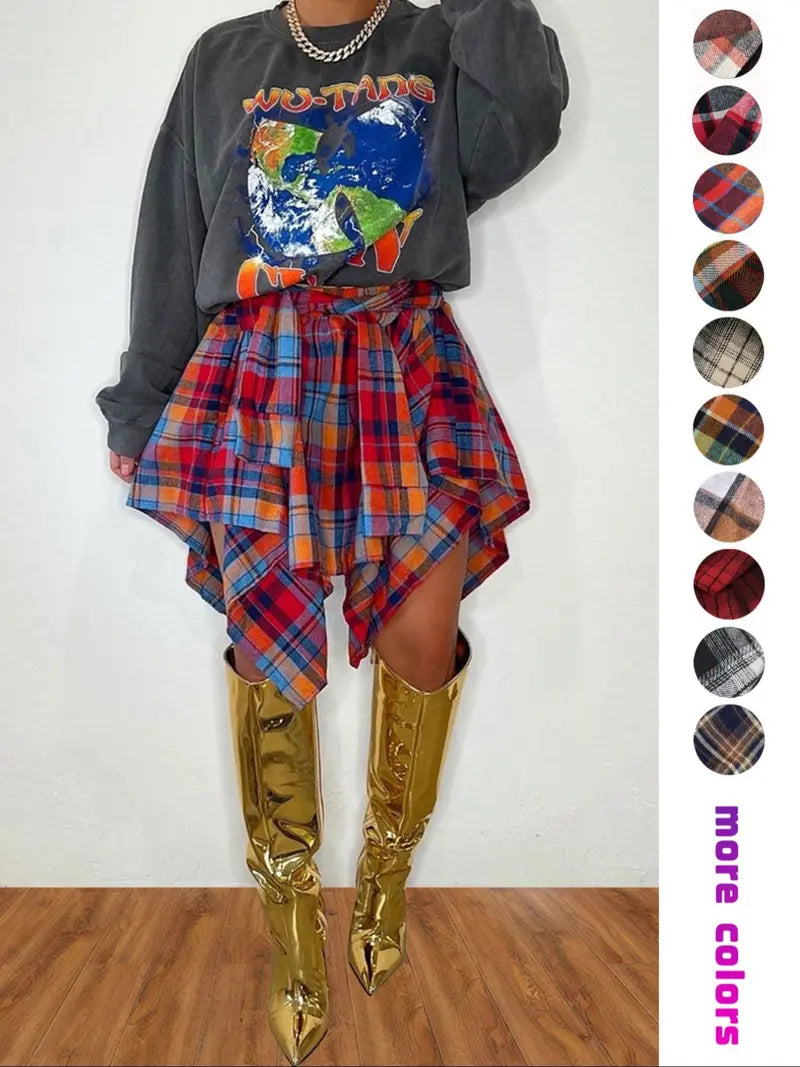 Women's Fashion Woven Plaid Print Asymmetrical Hem High Waisted Skirt